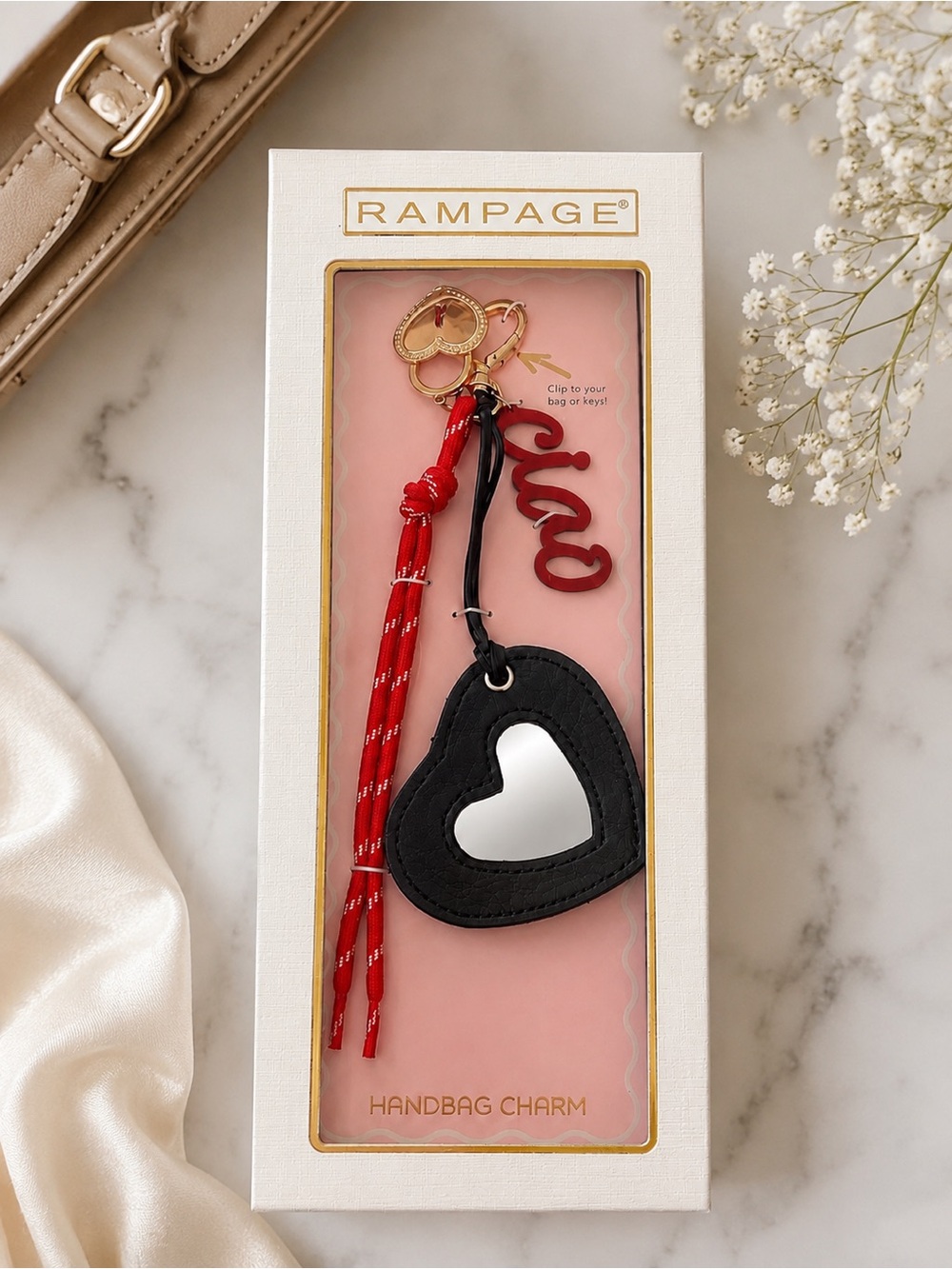 Rampage Black Heart Mirror Charm with Red Braided Strap